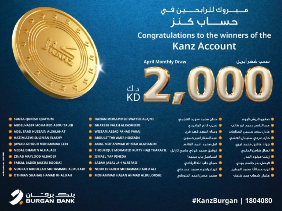 Burgan Bank announces winners of Kanz draw | Kuwait Times Newspaper