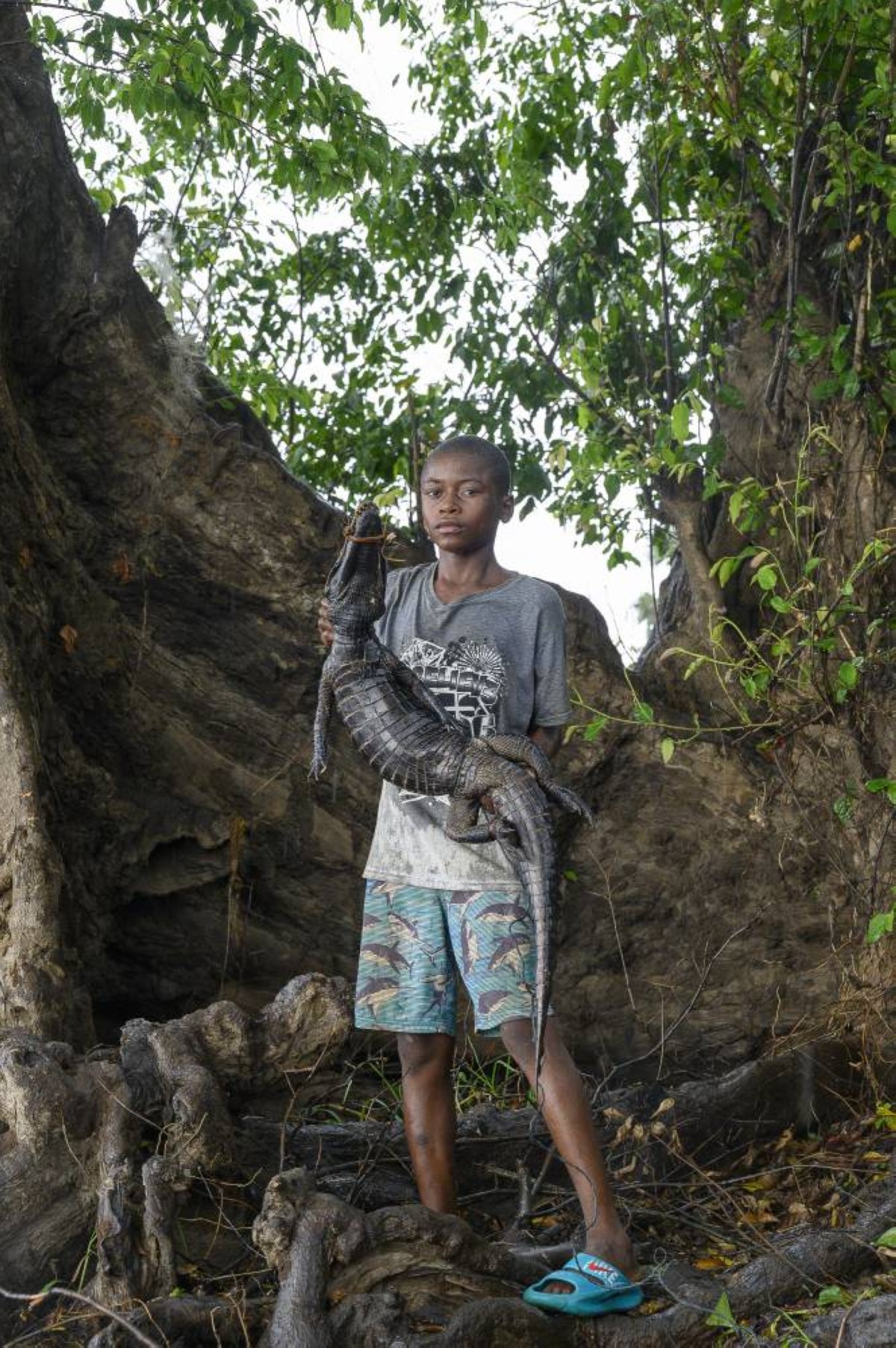 Fisherman Petit Mobwaka, 15, poses for a photo with a crocodile.