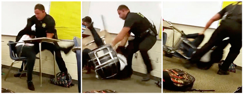 This three image combo made from video taken by a Spring Valley High School student on Monday, Oct, 26, 2015, shows Senior Deputy Ben Fields trying to forcibly remove a student from her chair after she refused to leave her high school math class. — AP