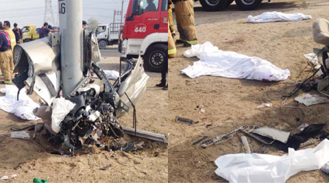 The vehicle’s remains twisted around a light post and The victims’ bodies lie on the ground