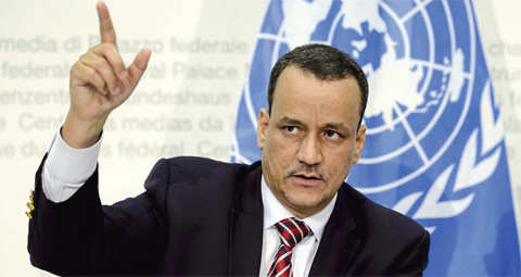 BERN: UN special envoy for Yemen Ismail Ould Cheikh Ahmed speaks during a press conference at the end of peace talks yesterday. — AFP