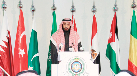 RIYADH: Saudi Defense Minister and Deputy Crown Prince Mohammed bin Salman holds a press conference on Monday at the King Salman airbase. — AFP