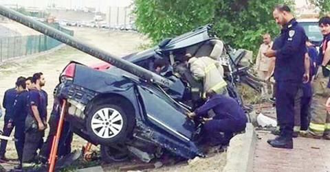 The remains of a vehicle are seen following a fatal accident in Kuwait earlier this year