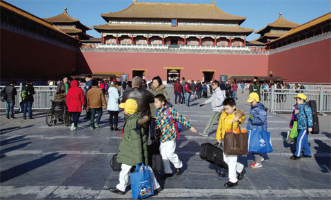 BEIJING: Children pass by the Forbidden City during a blue sky day in Beijing. — AP