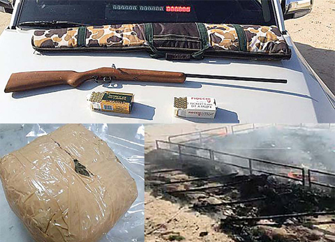Weapons and ammo confiscated during a campaign in Wafra yesterday. (Below Left) A package containing marijuana discovered by airport customs officers (Below Right) The scene after a fire was extinguished at a camp near Saad Al- Abdullah.