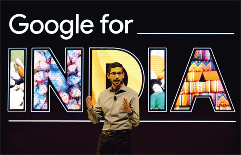 NEW DELHI: Google CEO Sundar Pichai speaks as he announces the company’s plans for expanding products and services in India at a news conference yesterday. — AP