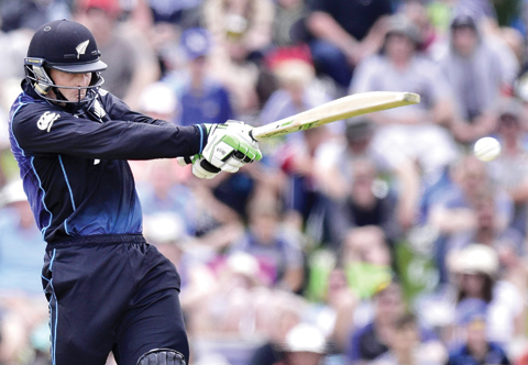 CHRISTCHURCH: Martin Guptill of New Zealand plays a shot during the second one day international (ODI) cricket match between New Zealand and Sri Lanka at Hagley Park in Christchurch yesterday. — AFP