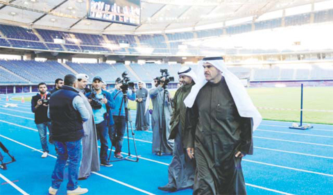 KUWAIT: Minister of Information and Youth and Sports Sheikh Salman Sabah Al- Salem Al-Sabah and Minister of State for Cabinet Affairs Sheikh Mohammad Al- Abdullah Al-Sabah meet the press at the Jaber Stadium yesterday. — KUNA