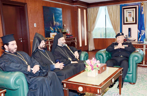 Interior Ministry Undersecretary Lt Gen Sulaiman Al-Fahd receives representatives of churches in Kuwait yesterday. — KUNA