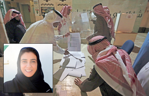 RIYADH: Saudi electoral workers prepare to count ballots after the country’s municipal elections in the capital late Saturday. (Inset) Lama Al- Sulaiman won from Jeddah. — AP/AFP