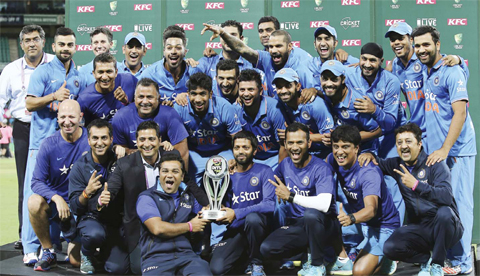 SYDNEY: India Cricket team celebrates winning the T20 International cricket series against Australia in Sydney, Australia, yesterday. — AP
