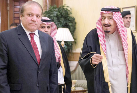 Saudi King Salman bin Abdulaziz welcomes Pakistani Prime Minister Nawaz Sharif ahead of their meeting in the capital Riyadh