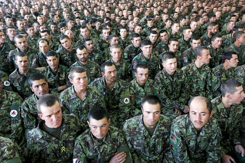 KABUL: In this Sunday, March 29, 2015, file photo, new members of the Afghan National Army attend their graduation ceremony at the Afghan Military Academy. — AP