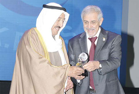 His Highness the Amir Sheikh Sabah Al-Ahmad Al-Jaber Al-Sabah is pictured with KRCS Board Chairman Dr Hilal Al-Sayer.
