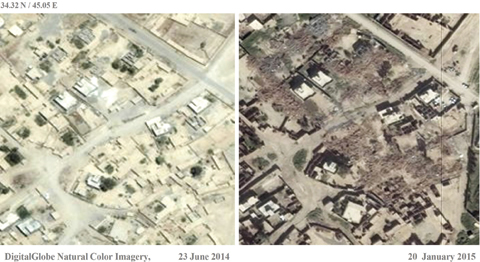 This satellite combo image taken on June 23, 2014 (left) and Jan 20, 2015 (right) shows the Iraqi village of Jumeili before and after its destruction by Kurdish forces. —AP