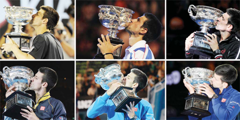 MELBOURNE: This combo of file photos shows Serbia’s Novak Djokovic kissing the Norman Brookes Trophy after his six victories — (top L to R) 2008, 2011, 2012 and (bottom L to R) 2013, 2015 and yesterday — in the men’s singles finals at the Australian Open tennis tournament in Melbourne. Djokovic beat Andy Murray in straight sets to win his sixth Australian Open title yesterday. — AFP