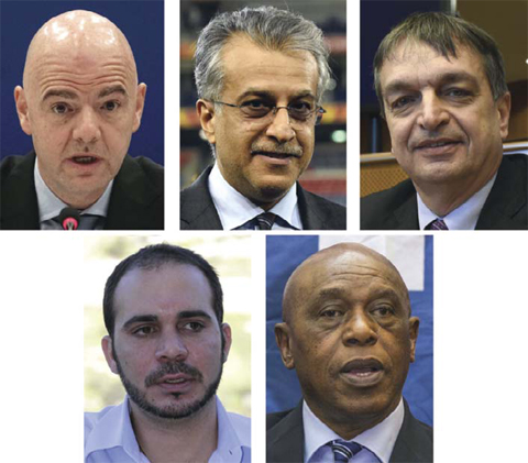 This combination of file photos made on November 12, 2015 shows (from top L) UEFA secretary general Gianni Infantino, AFC president Sheikh Salman bin Ebrahim Al Khalifa, Former FIFA deputy general secretary Jerome Champagne, FIFA vice president for Asia Prince Ali bin al-Hussein of Jordan and chairman of the FIFA monitoring committee for Israel and Palestine Tokyo Sexwale. FIFA yesterday confirmed the final five candidates to take over from the banned Sepp Blatter as head of the world body one month from the vote. — AFP