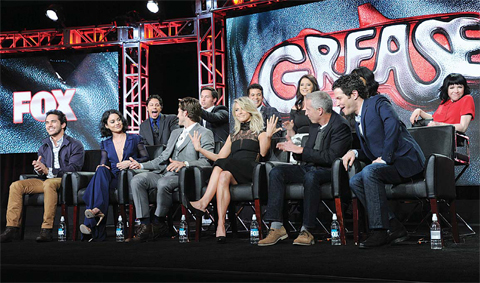 David Del Rio, from top left, Andrew Call, Jordan Fisher, Kether Donahue, Keke Palmer and Carly Rae Jepson and Carlos Penavega, from bottom left, Vanessa Hudgens, Aaron Tveit, Julianne Hough, executive producer Marc Platt, and director Thomas Kail participate in a panel for “Grease: Live” at the Fox Winter TCA. —AP