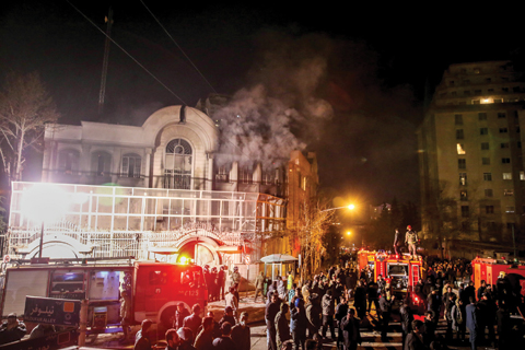 TEHRAN: Iranian protesters set fire to the Saudi Embassy during a demonstration against the execution of prominent Shiite cleric Nimr Al-Nimr by Saudi authorities on Saturday. - AFP