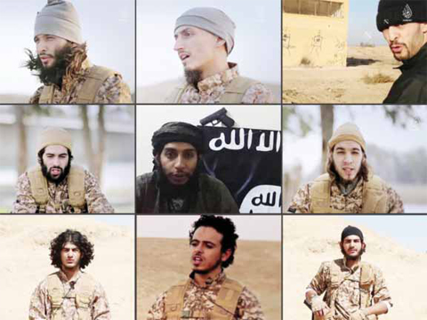 This combination of image grabs created from an Islamic State video released yesterday shows nine militants involved in the November Paris attacks, in which they threaten “coalition” countries including Britain. — AFP