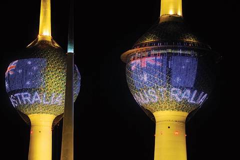 KUWAIT: Kuwait Towers were decorated Tuesday night with colored lights depicting Australia’s flag, marking its National Day. The gesture signals the close bonds between the two friendly countries, and Kuwait’s appreciation for the nation stand on its side during the Iraqi Invasion. —KUNA