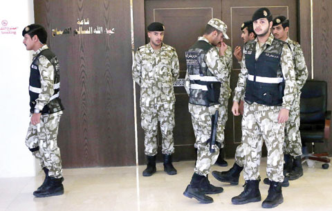 KUWAIT: National Assembly guards stand outside the Abdullah Al-Salem Hall at the parliament after Speaker Marzouq Al-Ghanem announced a closed-door session to discuss regional developments. - Photo by Yasser Al-Zayyat