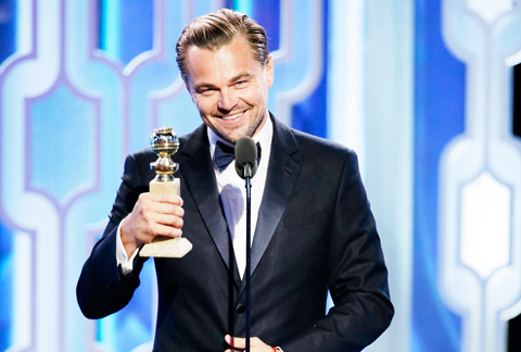 In this image released by NBC, Leonardo DiCaprio accepts the award for best actor in a motion picture drama for his role in “The Revenant”.