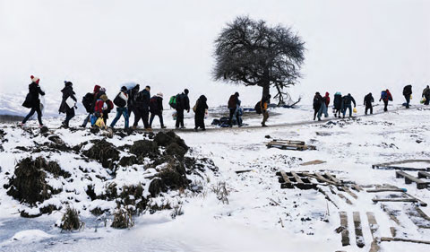 Migrants and refugees walk through snow covered fields, after crossing the Macedonian border into Serbia near the village of Miratovac yesterday. — AFP