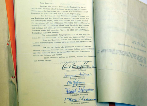 JERUSALEM: A picture taken on January 27, 2016 shows a document from the archives of Israeli President’s Office Legal Department which is part of the file of Nazi war criminal Adolf Eichmann which is presented to the public during a ceremony marking 55 years since Eichmann’s trial at the occasion of the International Holocaust Remembrance Day at the presidential compound. — AFP