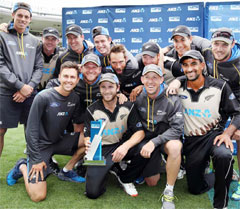 AUCKLAND: New Zealand celebrate winning the series after the second T20 cricket match between New Zealand and Sri Lanka at Eden Park in Auckland yesterday. — AFP