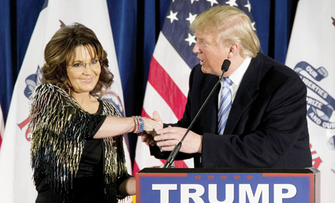 AMES, Iowa: Former Alaska Gov Sarah Palin endorses Republican presidential candidate Donald Trump during a rally at the Iowa State University on Tuesday. — AP