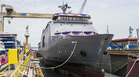 SURABAYA: The Indonesian made naval warship for the Philippine Navy is seen at a shipyard in Surabaya located in eastern Java island during turnover ceremony yesterday led by Philippines Defence Secretary Voltaire Gazmin and Indonesian counterpart Ryamizard Ryacudu. —AFP