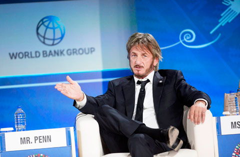 In this Oct 8, 2015 file photo, Sean Penn speaks during a forum with young entrepreneurs during the IMF and World Bank annual meeting in Lima, Peru