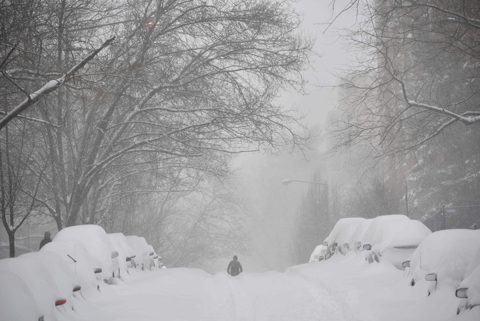 WASHINGTON: A pedestrian walks in the center of a snow-covered residential street in yesterday. – AFP 