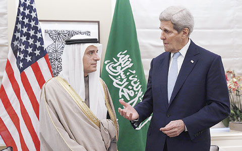 LONDON: US Secretary of State John Kerry (right) is pictured during a meeting with Saudi Arabia Foreign Minister Adel Al-Jubeir. US Secretary of State John Kerry met his Saudi counterpart Foreign Minister Adel Al-Jubeir in London yesterday amid concerns over the dramatic breakdown in relations between his country and Iran. —AFP