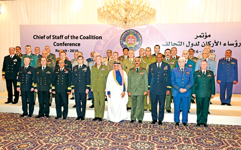 KUWAIT: Kuwait’s Deputy Prime Minister and Defense Minister Sheikh Khaled Al-Jarrah Al-Sabah (center) and chiefs of staff of the countries that are part of the international US-led coalition against the Islamic State (IS) group pose for a group photo before a meeting to discuss the situation in the region yesterday.