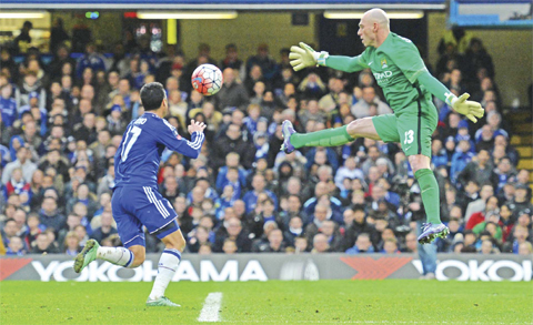 LONDON: Manchester CIty’s Argentinian goalkeeper Willy Caballero (R) leaps as Chelsea’s Spanish midfielder Pedro (L) goes through but is ruled off-side during the English FA Cup fifth round football match between Chelsea and Manchester City at Stamford Bridge in London yesterday. — AFP