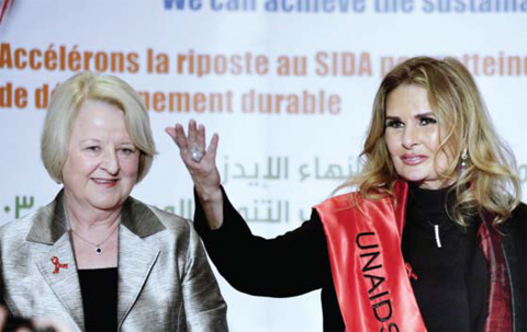 In this Sunday, Jan 31, 2016 photo, Egyptian film star Yousra speaks after being appointed as UN Goodwill Ambassador in Middle East and North Africa during a ceremony in Cairo. Yousra has taken up a role with the United Nations to help combat HIV and AIDS in the Middle East, where prevalence is low but growing at a rapid pace. Deputy Executive Director of UNAIDS Jan Beagle stands at left. — AP