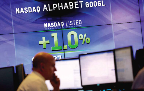 NEW YORK: Electronic screens post the price of Alphabet stock on Monday at the Nasdaq MarketSite. — AP