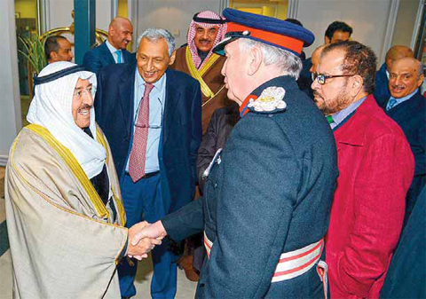 LONDON: HH the Amir Sheikh Sabah Al-Ahmad Al-Jaber Al-Sabah is welcomed as he arrives at Heathrow Airport yesterday to head the Kuwaiti delegation to the 4th international donors’ conference to support Syria and the region. — KUNA