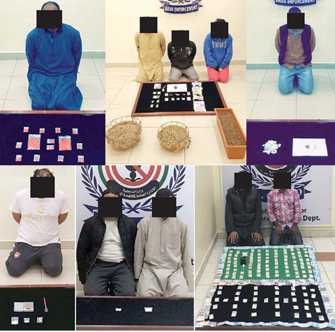 KUWAIT: These handout photos provided by the Interior Ministry shows drug dealers arrested during police operations yesterday.