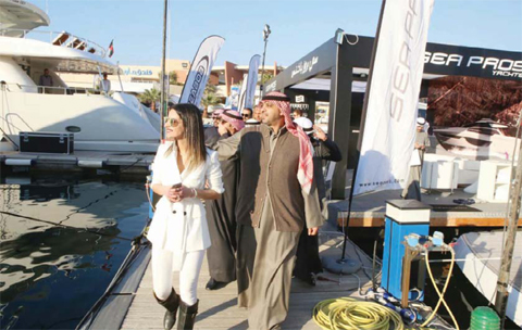 KUWAIT: State Minister for Cabinet Affairs Sheikh Mohamed Al-Abdullah Al-Mubarak Al-Sabah along with other officials during the inauguration of the fourth edition of the Kuwait Yacht Show yesterday.— Photos by Yasser Al-Zayyat