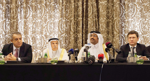 DOHA: (From left) Venezuela's Minister of Petroleum and Mining Eulogio Del Pino, Saudi Arabia's Minister of Oil and Mineral Resources Ali Al-Naimi, Qatar's Minister of Energy and Industry Mohammed Saleh Al-Sada and Russia's Energy Minister Alexander Novak attend a press conference yesterday in the Qatari capital. - AFP 