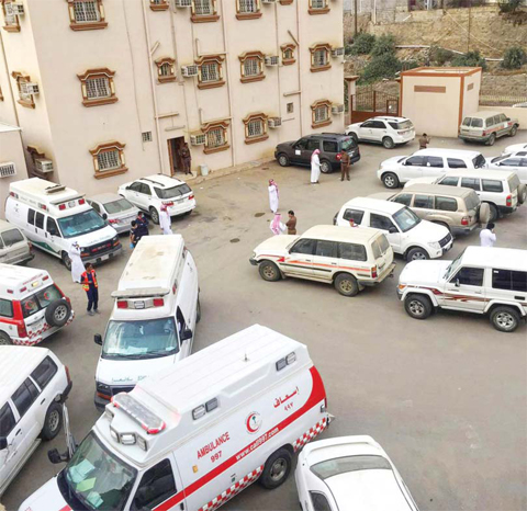 JAZAN: Ambulances and security are seen outside a Ministry of Education office, located in Al-Dayer, Jazan region, Saudi Arabia in this handout photo. Several people were killed yesterday in a mass shooting at an education department in southern Saudi Arabia. Others were injured in the shooting. The attacker has reportedly been arrested. — AP