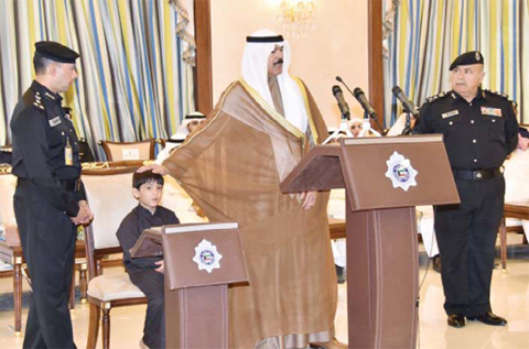 KUWAIT: This photo released by the Interior Ministry shows Deputy Prime Minister and Interior Minister Sheikh Mohammad Al-Khaled Al-Sabah speaks during a ceremony to honor the family of Corporal Torky Mohammad Al-Enezi, who was killed in the line of duty last Thursday.
