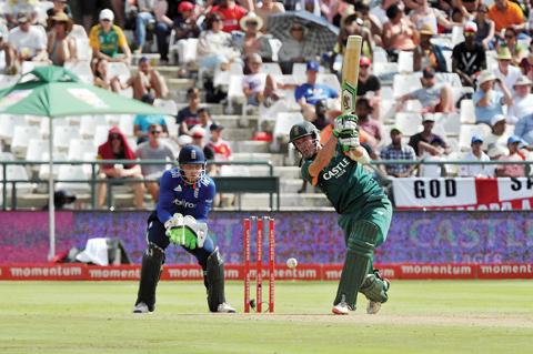 NEWLANDS: South African batsman AB de Villiers, misses a shot during the 5th and final One Day International (ODI) match, being played against South Africa, at Newlands yesterday, in Cape Town. This match will decide the ODI series as both teams have won 2 matches. — AFP