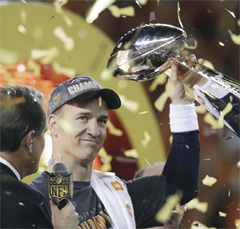 SANTA CLARA: In this Sunday photo, Denver BroncosÌ Peyton Manning holds the Lombardi Trophy after the NFL Super Bowl 50 football game against the Carolina Panthers in Santa Clara, Calif. No, Anheuser-Busch didn’t pay Peyton Manning to say he’d be drinking a lot of Budweiser after winning the Super Bowl. — AP