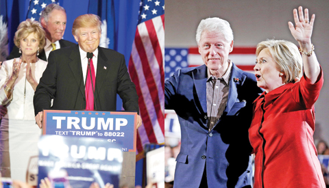 (Left) Republican presidential candidate Donald Trump celebrates winning the South Carolina primary in Spartanburg, South Carolina, yesterday. (Right) Democratic presidential candidate Hillary Clinton waves on stage with her husband and former President Bill Clinton at a Nevada Democratic caucus rally on Saturday in Las Vegas. — AFP/AP