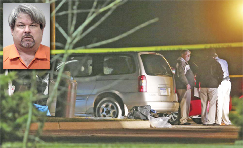 KALAMAZOO, Michigan: Police investigate the scene early yesterday where people were shot in vehicles outside a Cracker Barrel restaurant. (Inset) This image provided by the Kalamazoo County Sheriff’s Office shows suspect Jason Dalton. — AP