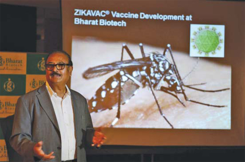 HYDERABAD: Chairman of Bharat Biotech Krishna Ella announces the Bharat Biotech Program on the Zika virus at a press conference yesterday. Vaccines and bio-therapeutic manufacturer Bharat Biotech said it was developing two candidates for vaccines for Zika infection. — AFP
